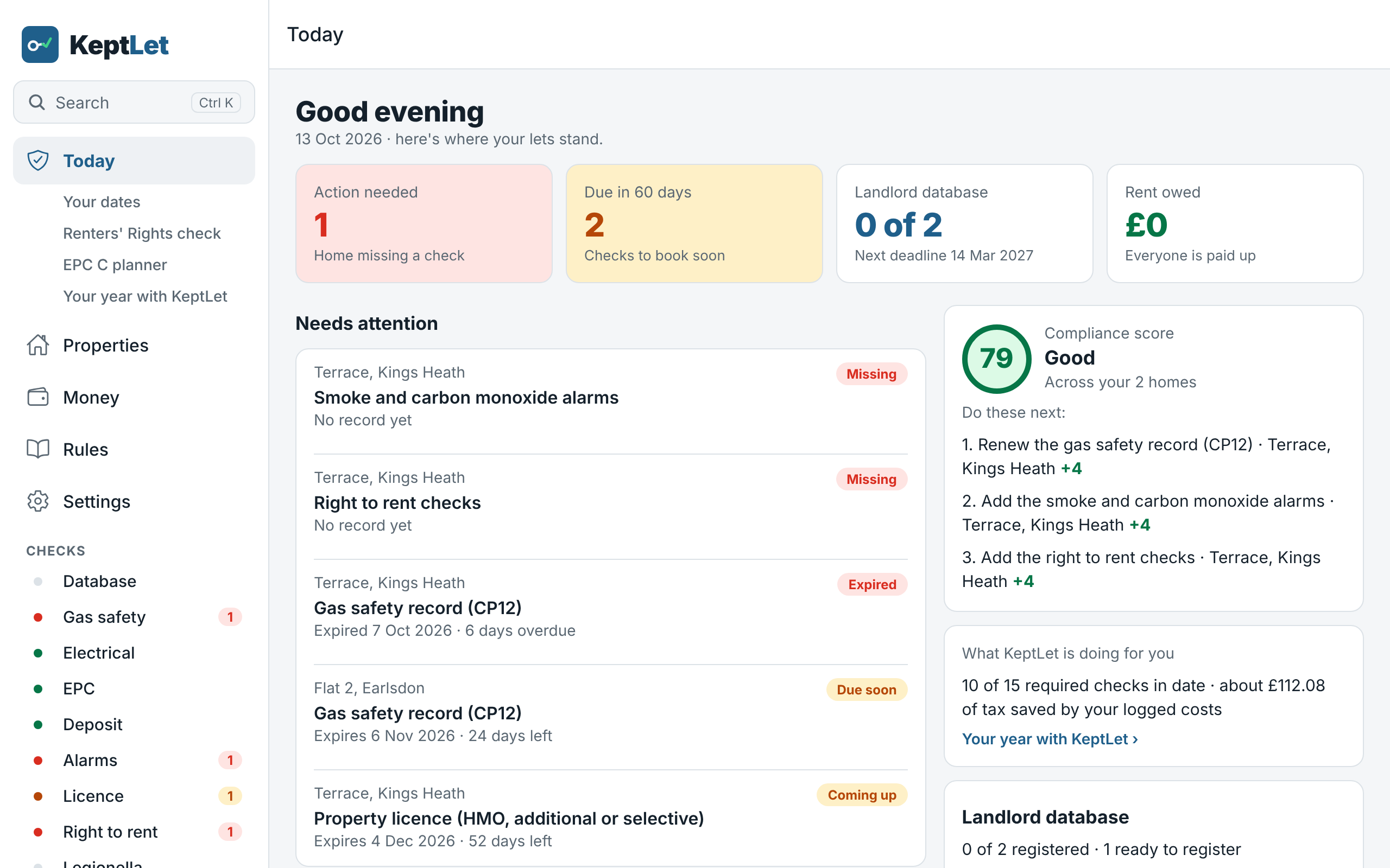 KeptLet on a laptop: a sidebar on the left and the Today page in two columns