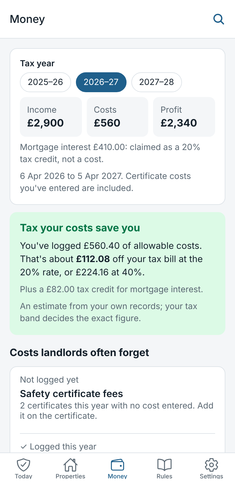 The Money screen: income, costs and profit for the tax year, and the tax the logged costs save
