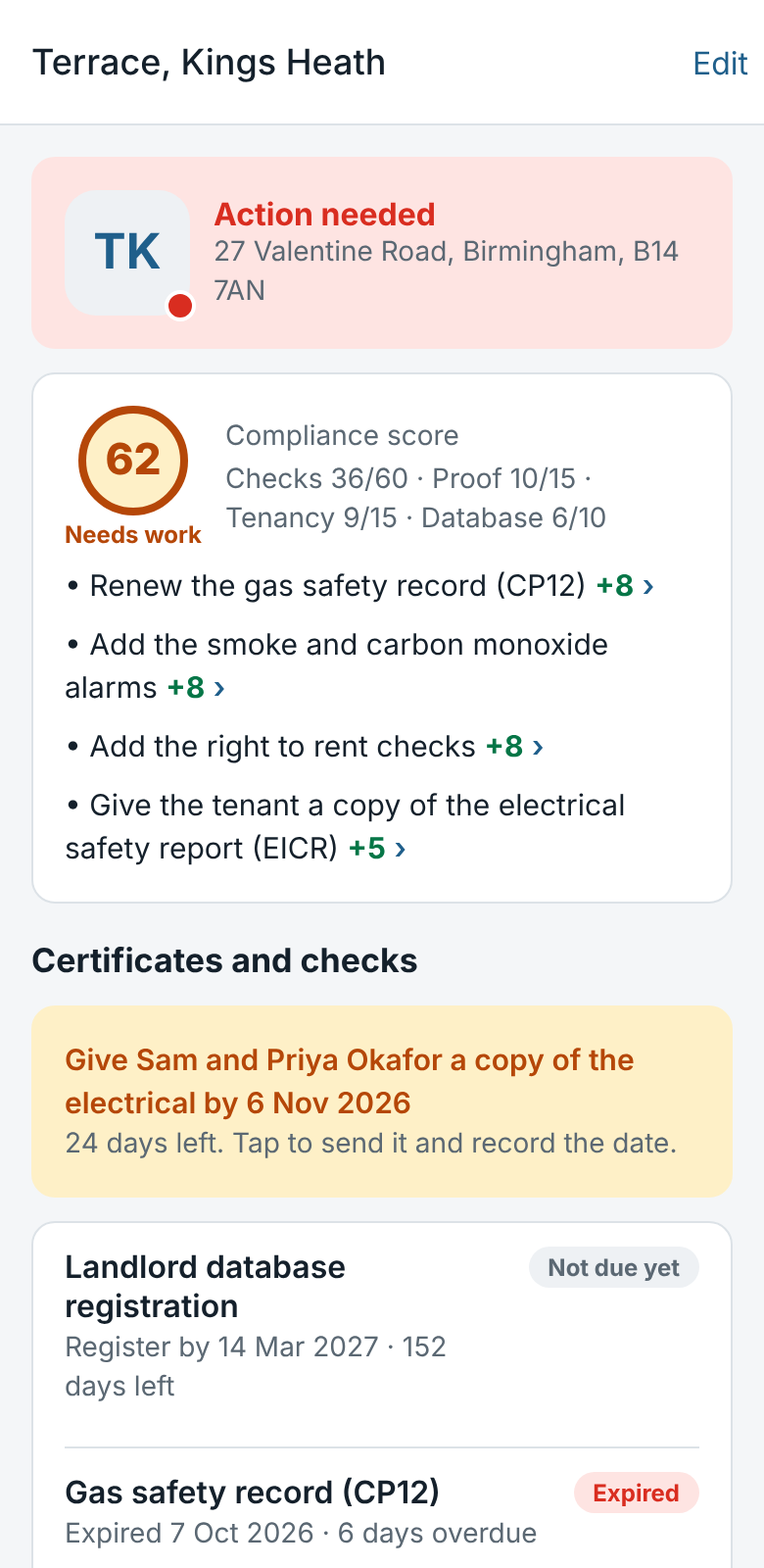 A home's page: its compliance score, the fixes that raise it, and each certificate with its expiry